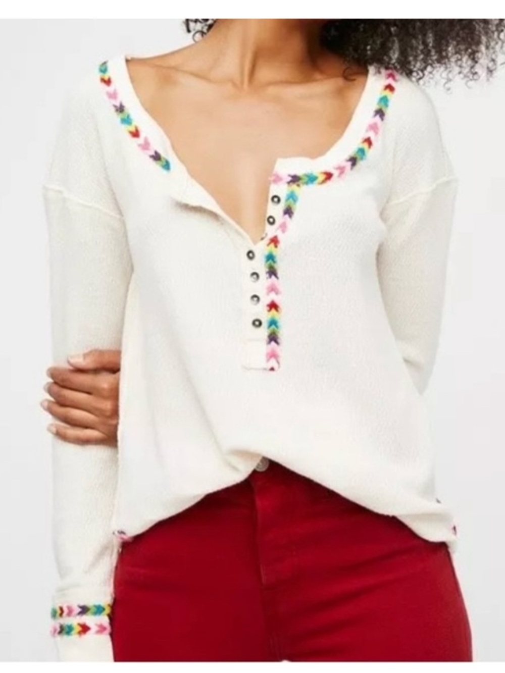 We The Free Cream Henley Top with Multicolor Embroidery Size Medium Cotton Blend